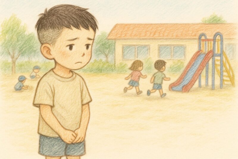 幼稚園で不安そうな息子