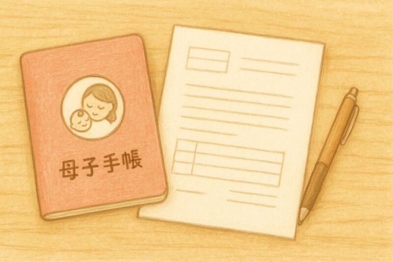 母子手帳を見ながら就学相談の書類を書く
