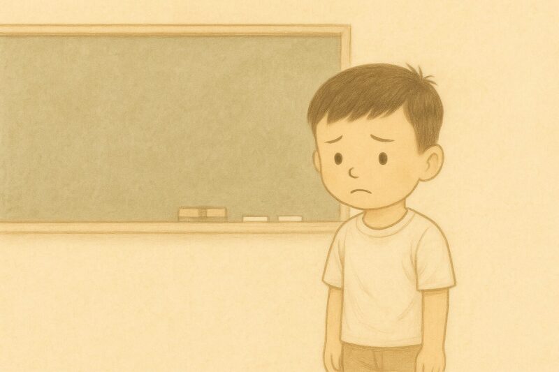集団の場で不安そうな自閉症の息子