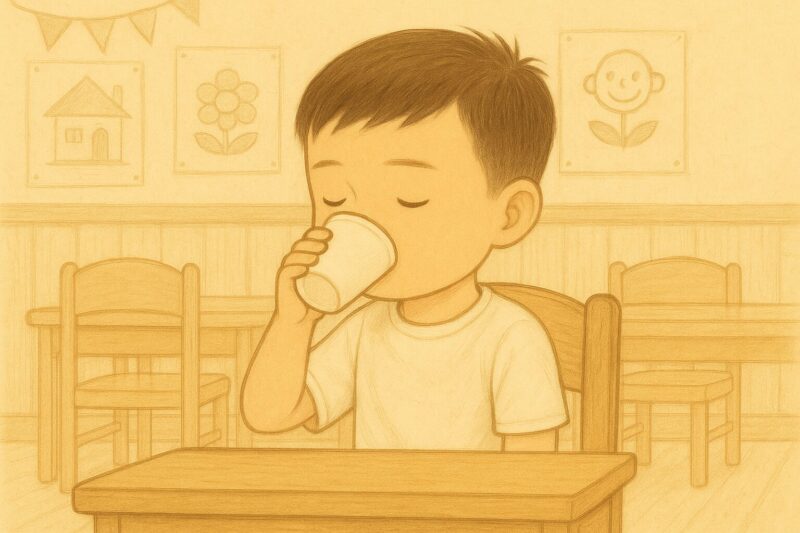 支援級の見学で出してもらったお茶を飲む息子