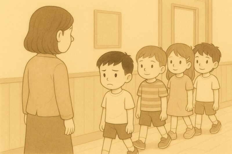 小学校の就学前健診の知能検査の会場へ向かう発達障害の息子。緊張している。