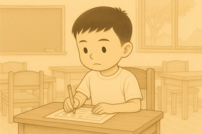 小学校の就学前健診の知能検査に取り組む発達障害の息子。