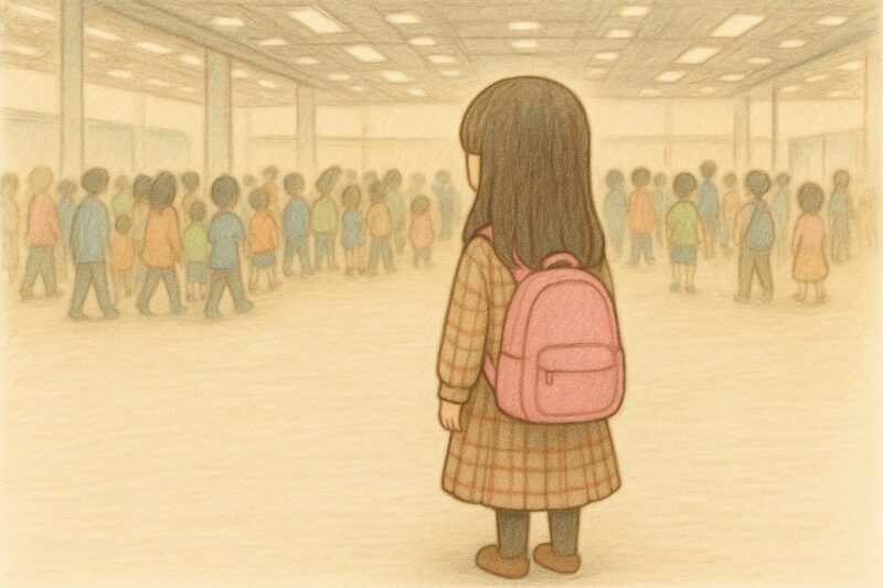 職業体験イベントで、会場に入り不安そうな小学校3年生の娘。